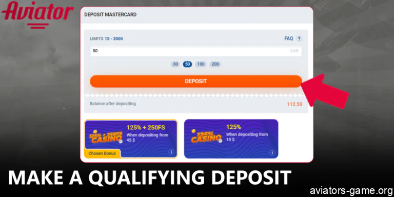 Make your first deposit to activate the Aviator bonus