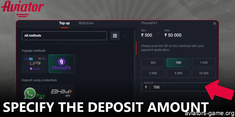 Set the amount you want to add to your Aviator balance