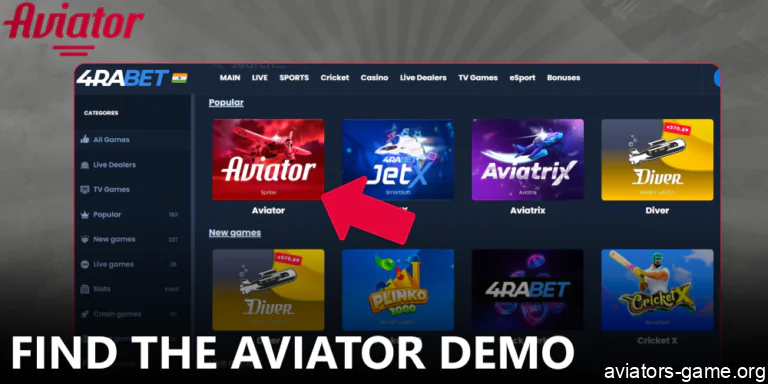 Locate the Aviator game on the casino's main page.